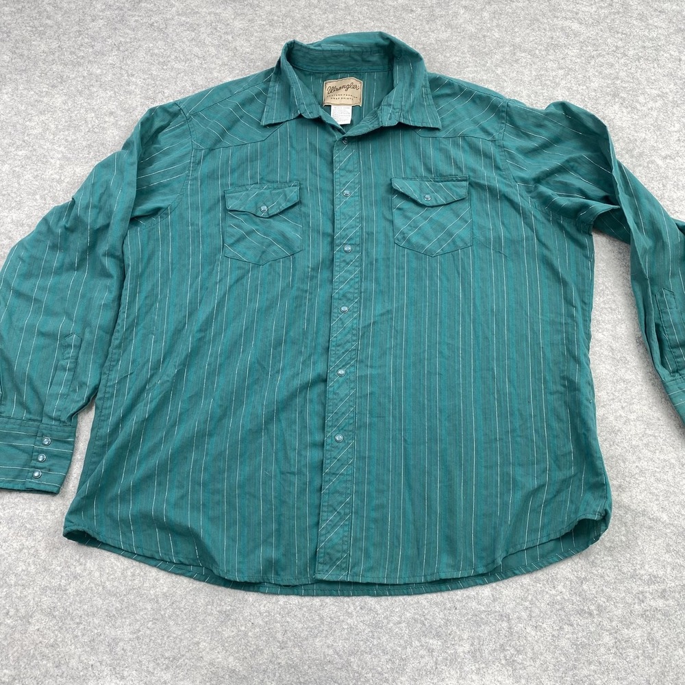 Wrangler Shirt Mens 2XL Green Stripe Western Snap Long Sleeve Cowboy Casual